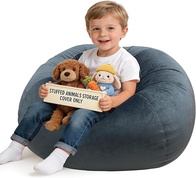 Lukeight Stuffed Animals Storage Bean Bag Chair Cover for Kids and Toddlers, Cozy Velvet Plush Toy Organizer Seat, Cover Only, No Filling Included, Long YKK Zipper, Side Pocket, Large 27 x 16 in