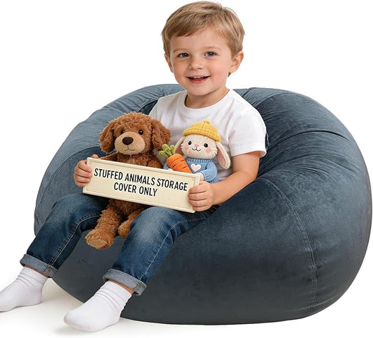 Lukeight Stuffed Animals Storage Bean Bag Chair Cover for Kids and Toddlers, Cozy Velvet Plush Toy Organizer Seat, Cover Only, No Filling Included, Long YKK Zipper, Side Pocket, Large 27 x 16 in