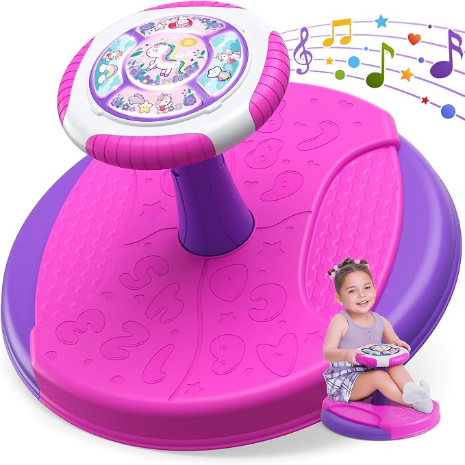 HYES Unicorn Sit and Spin Toys for Toddlers 1-3 Girls, 360° Toddler Spinning Seat with LED Lights and Music, Sensory Toys Birthday for Kids 3-5