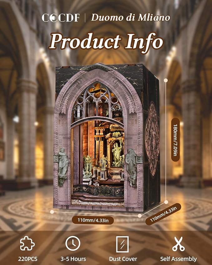 CCCDF DIY Dollhouse Kit, Gothic Architecture Miniature with Dust Cover, Easy Assembly Wooden Craft for Adults Bookshelf Decor (Duomo di Milano)