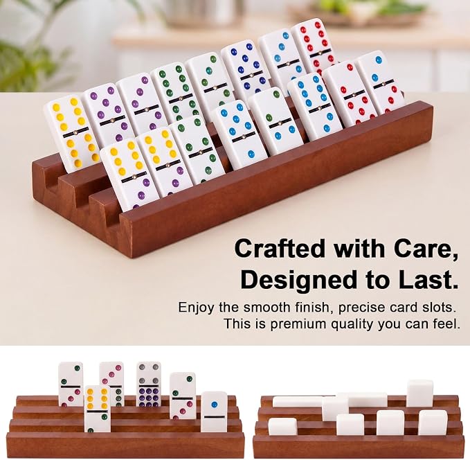 Soulchen Walnut Wood Color Wooden Domino Racks Set of 4, Wood Domino Tiles Trays Holders Organizer for Mexican Train Classic Board Accessories, Dominoes Not Included (7.1 x 2.8 Inch)