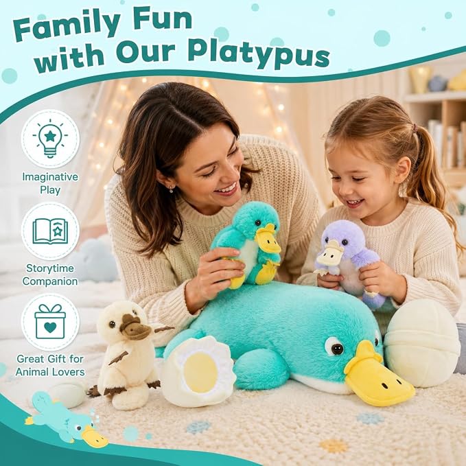 Tezituor Platypus Stuffed Animal Set,Mother Platypus Plush with 3 Colorful Baby Platypuses,Soft Blue Animal Family Plush Toy with Egg,Cute Easter Christmas Birthday Gift for Kids Boys Girls Girlfriend