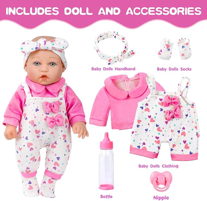XFEYUE 12" Baby Doll with Pink Bowknot Clothing Set,12 Inch Realistic Baby Dolls with Clothes and Accessories,Pacifier Bottle Toy Pretend Play Collection for 3+ Child Girls Gifts