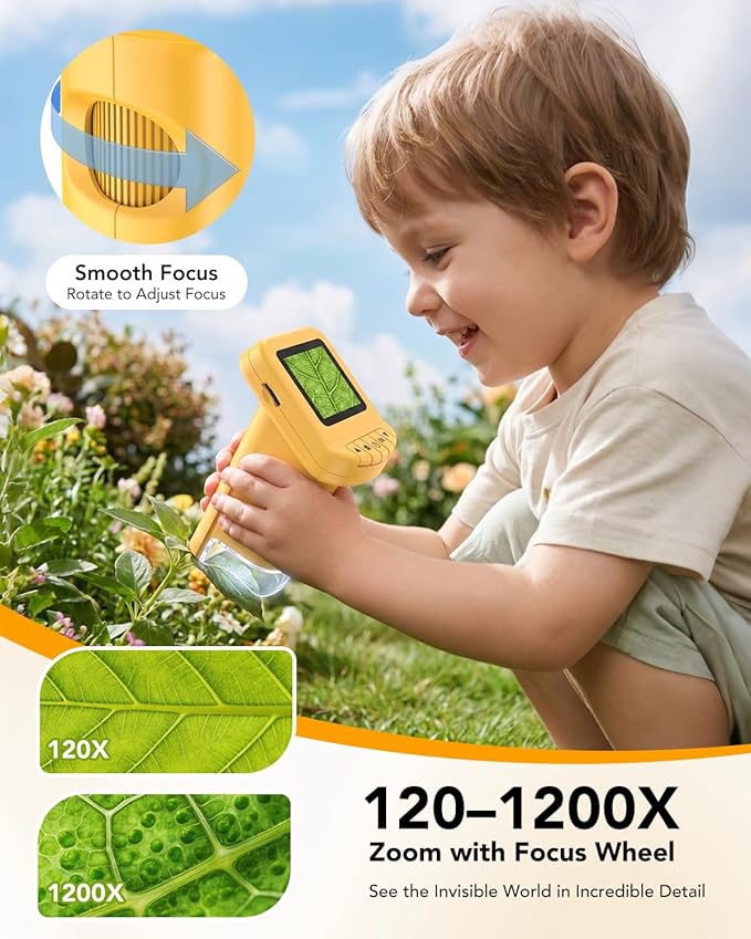 1200X Handheld Microscope for Kids, Portable Kids Microscope HD Screen Video Record, Pocket Digital Microscope STEM Educational Toys, Birthday Gifts for Ages 6-12 Boys Girls