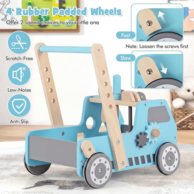 HONEY JOY Baby Push Walker, Adjustable Speed Baby Walker, Wooden Toy Tool Bench & Car Walker w/Shape Sorter, Develop Motor Skills & Creativity, Push Toys for Babies Learning to Walk, Gift (Blue)