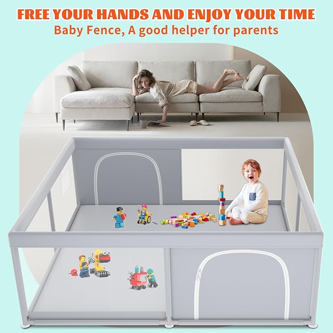 XVISHX Baby Playpen, 79''x79'' Extra Large Playpen for Babies and Toddlers, Baby Fence Play Pen for Indoor & Outdoor, with Soft Breathable Mesh Grey