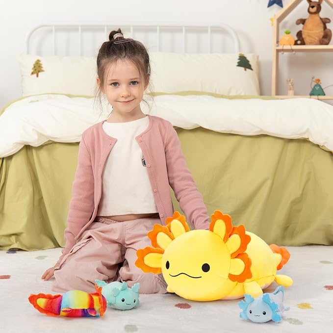 MaoGoLan 4Pcs Giant Axolotl Plush with 3 Babies Inside-23.5" Large Ultra Soft Axolotl Stuffed Animals Throw Pillow-Squishy Stuffed Axolotl Plush Collection Gift for Axolotl Lover,Kids,Teens,Yellow
