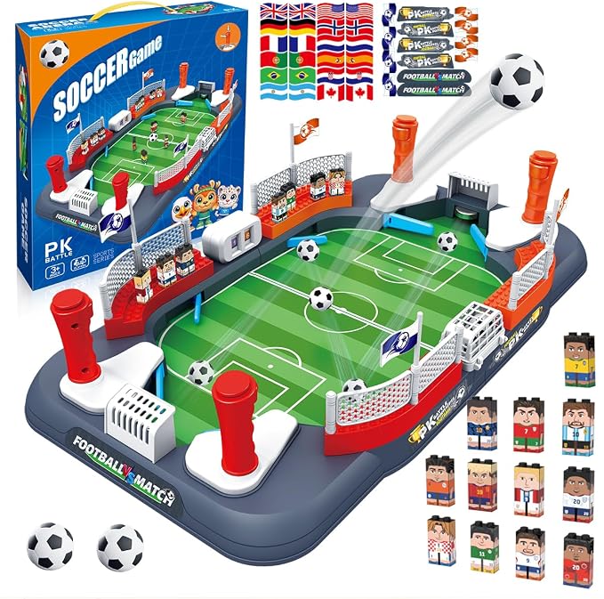 Soccer Board Game for Kids with 12 Countries Flag Stickers & 12 Star Player Figures – Interactive Foosball Table Game, Mini Pinball Sports Toy Boys Girls Birthday Family Party