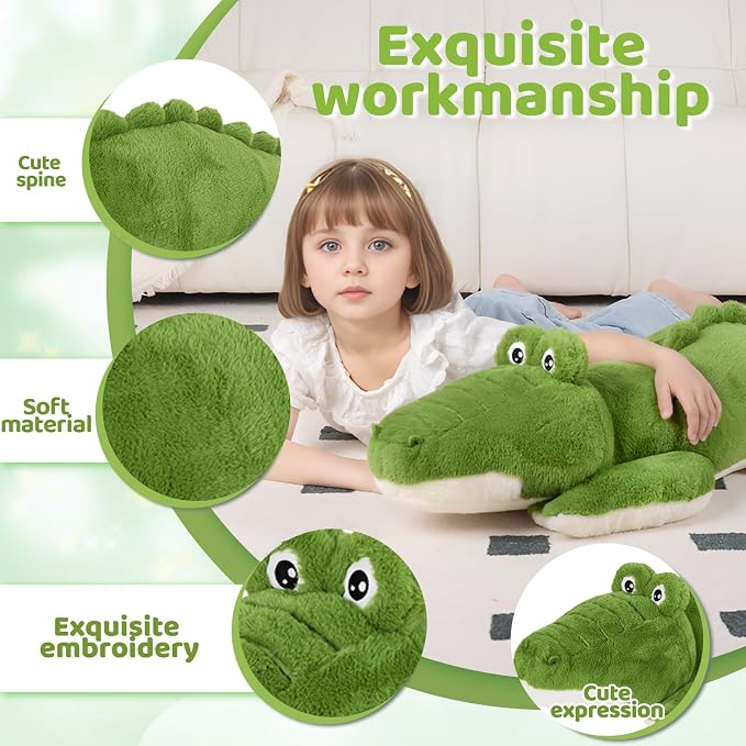 FFxiong 48 inch Green Large Alligator Stuffed Animal Long Body Pillow 4 ft Cute Giant Crocodile Plush Toy Gift for Kids Girl Boy Birthday Valentines