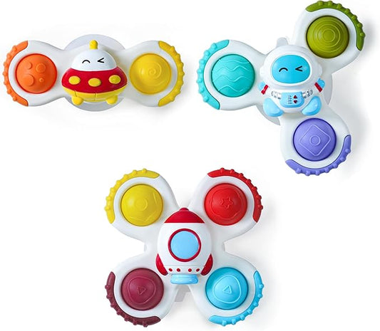 LiKee Strong Suction Cup Fidget Rotating Sensory Bath Toys for Baby Christmas Stocking Stuffers, Airplane Car Travel Table & Window Toys for Toddler Boys and Girls, 10+ Months