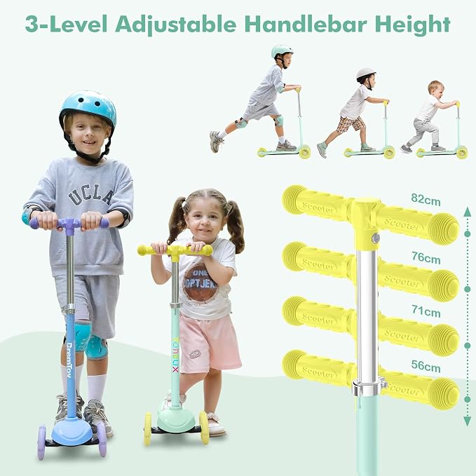 TONBUX Kids Scooter for Ages 3-5, Toddler Scooter with Light-Up Deck and Wheels, Adjustable 4-Level Height 3-Wheel Scooters for Kids, Lean-to-Steer Design