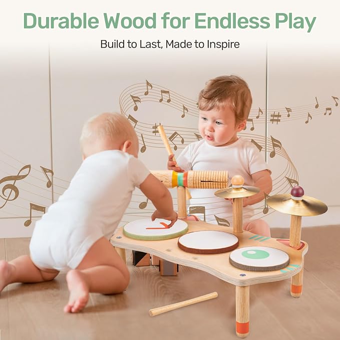 WINGYZ Kids Drum Set for Toddlers, All-in-One Montessori Musical Instruments - Wooden Music Toys for Baby, Neutral Colors, Sensory Preschool Drum Kit, Birthday Gifts for Boys Girls
