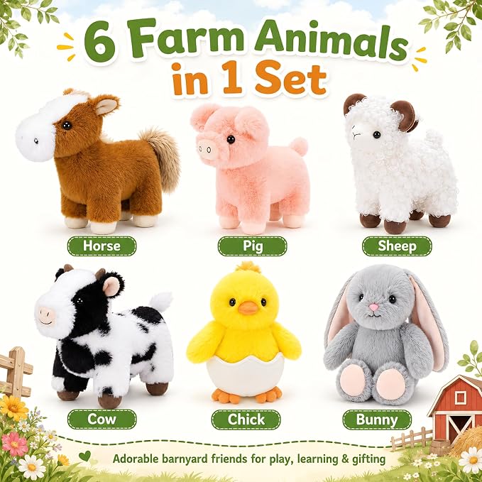 MaoGoLan 6-Pack Stuffed Farm Animal Bulk Plush Toys Set 10″ Soft Stuffed Animals for Kids, Girls - Party Decor, Centerpieces & Pretend Play, Thanksgiving, Christmas, Easter Gifts