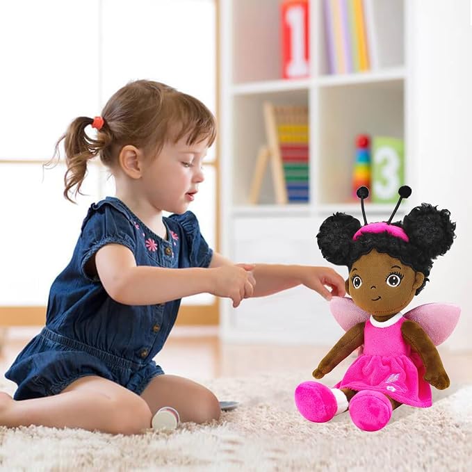 Black Baby Doll,Blacks Dolls African American Stuffed Toy,12” Rag Dolls for Girls Soft Gifts,Brown Doll Fairy Baby Toy Plush Toys for Christmas Birthday Party(Small-Black Butterfly)