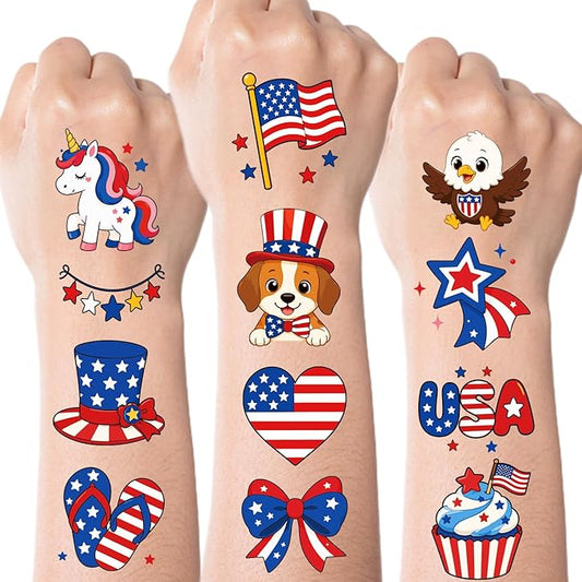 JCFIRE 4th of July Temporary Tattoos for Kids Adults, Cute Independence Day Fake Tattoos Stickers, Fourth of July Red White and Blue 4th of July Accessories for Women Girls Party Favors