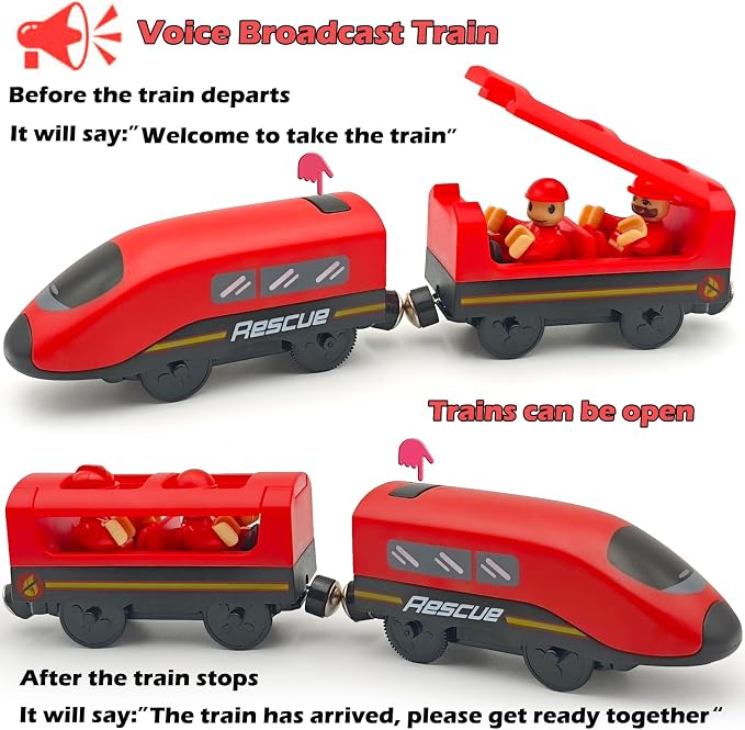 Battery Operated Police Train for Wooden Train Tracks with Figures Kids Magnetic Wooden Trains Set for Toddlers Boys 3-5 4-8 (Without Battery and Tracks) (red)