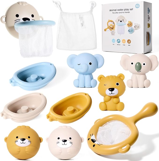 Otter Bath Toy for Toddlers 1-3, 12pcs No-Hole Bath Toys for Kids Interactive Basketball Hoop, Squeeze Animal Balls, Floating Boats, Fishing Net and Storage Bag Bathtub Pool Water Toys for Boys Girls