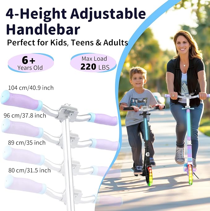BELEEV V8 Scooters for Kids Ages 6+ with Light-Up Deck, 2 Wheel Folding Scooter for Kids, 4 Adjustable Height, Lightweight Sport Commuter Scooter, Sturdy Frame