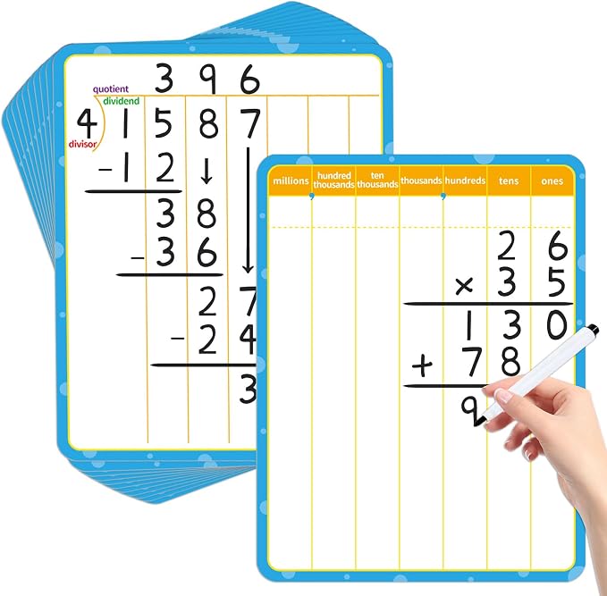 12 Pack Double Sided Division Dry Erase Board,12" x 9" Multiplication Flash Cards,Math Manipulatives Small White Board for Kids,Math Games Chart for Preschool Learning,Homeschool Essentials