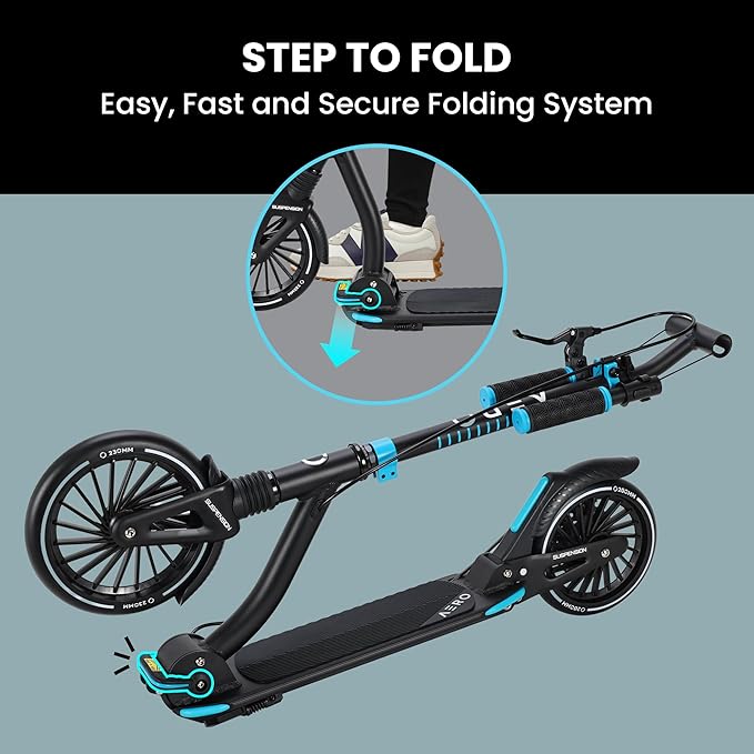 AERO MOBILITY Kick Scooter for Kids 6+, Teens & Adults | Light Up Wheels, Hand Brake, Rubber Deck Mat & Shock Absorption | Foldable & Height Adjustable