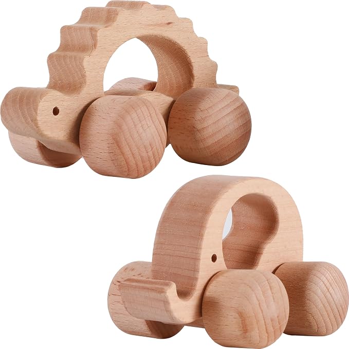 Wooden Toys Cars (2 Pack) for Toddler Montessori Inspired Teething Push Toys Exercise Baby's Grip Ability