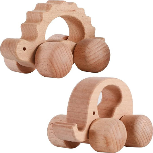 Wooden Toys Cars (2 Pack) for Toddler Montessori Inspired Teething Push Toys Exercise Baby's Grip Ability