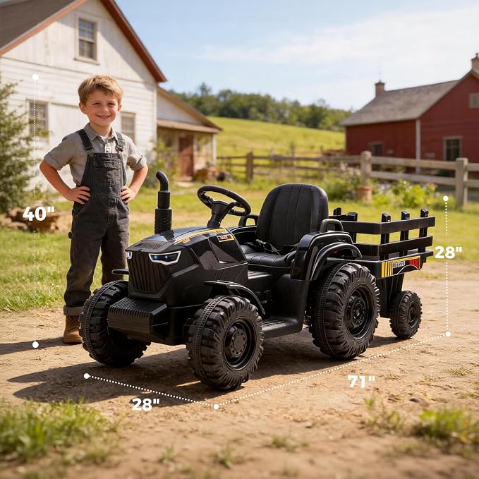 24V Kids Ride-On Tractor with Trailer, 400W Electric Farm Truck with Remote & Pedal Control, Headlights, USB MP3, Power Display, Adjustable Speeds, Safety Belt, Ride-On Toy Gift, Black