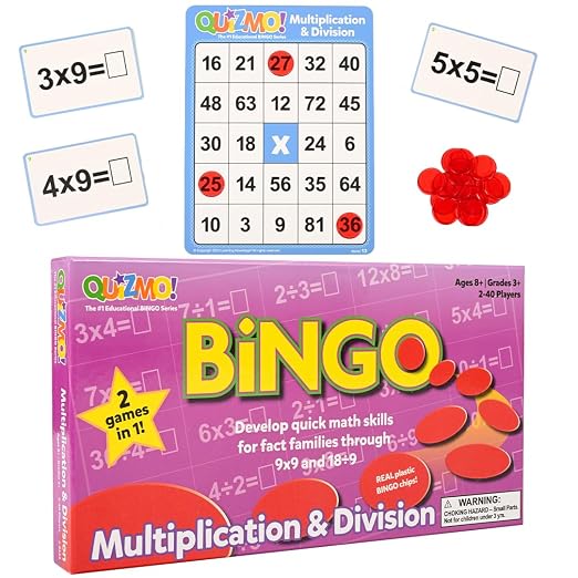 QUIZMO Multiplication & Division | Bingo Style Math Game | 2 Game Modes for Ages 8+ | Teach Basic Mathematics