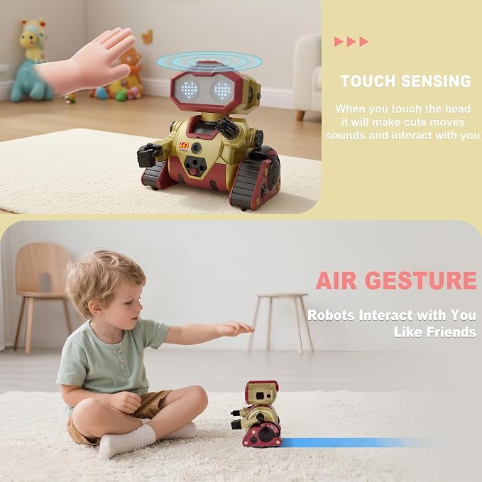 BYTEWAR Interactive Smart Robot Toys, Rechargeable Remote Control Emo Robot with Learning Gesture Sensing, Auto-Demonstration, Music and Dance, Shining LED Eyes, Birthday Gift for Kids(Gold)