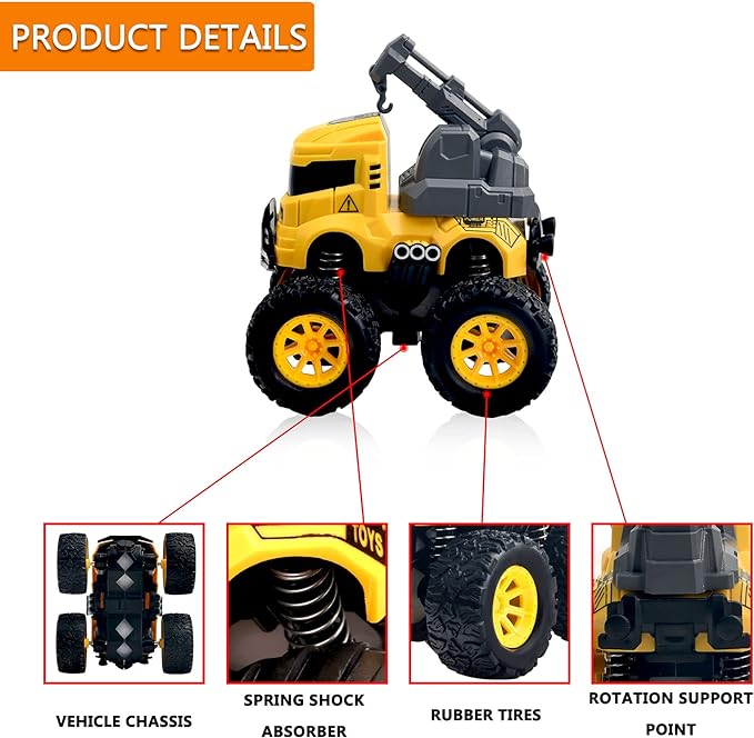Construction Truck Toys for Boys - 4 Pack Excavator, Mixer, Crane, Dump Trucks Push and Go Friction Powered Cars Monster Trucks Toy for Kids Birthday Party Favors Gifts for 3+ Year Old Boys Girls