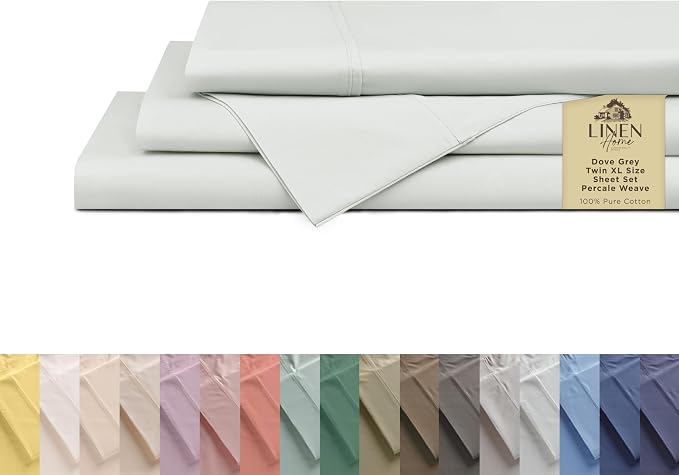 Linen Home 100% Cotton Percale Sheets Twin XL Size, Dove Grey, Deep Pocket, 3 Pieces Set- 1 Flat, 1 Fitted and 1 Pillowcase, Crisp Cool and Long Staple Strong Bed Linen