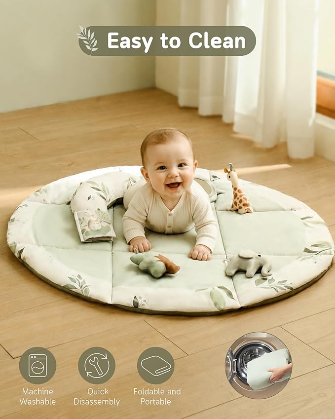 Fortella Baby Play Gym & Activity Mat, Machine Washable & Foldable Tummy Time Mat with 5 Detachable Toys, Certified Safe Newborn Essentials Gift for Baby Registry 0-12 Months (Sage Green)