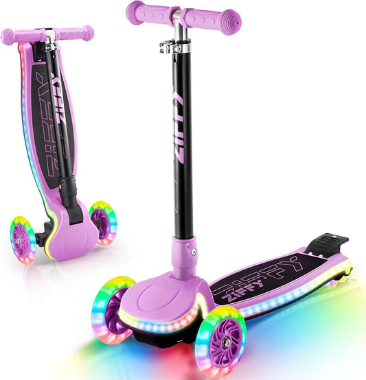 JOVA ZIFFY Light-Up Toddler Scooters for Kids 3-8, 3 Wheel Kids Scooter for Boy Girl 110lbs, 20 Dynamic LED Lights, 4 Adjustable Height Ride-on Kick Scooter, Lean-to-Steer Anti-Slip Wide Deck