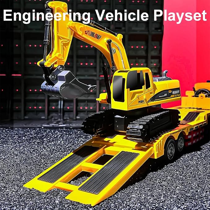 RC Semi Truck and Trailer & Excavator Toy Set - 11CH 24.6" Dual Control Mode Remote Control Engineering Vehicle with Sound & Lights, 2.4Ghz Flatbed Truck with Excavator Toys, Great Gift for Kids Boys