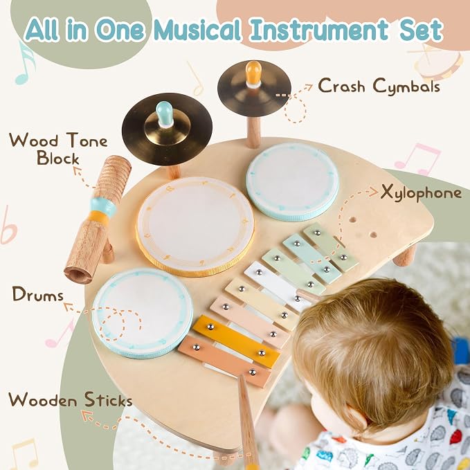 Kids Drum Set Montessori Musical Instruments for Toddlers 1-3, Wooden Baby Drum Kit with Xylophone, Preschool Music Toys for Early Learning, Educational Birthday Gift for Boys Girls (Multicolored)