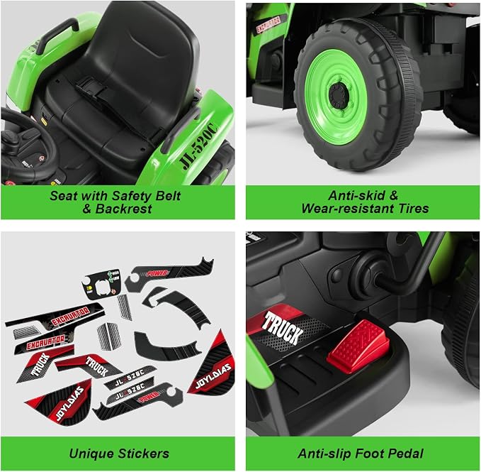 JOYLDIAS Ride On Excavator, 12V7AH Electric Car for Kids 3-8 W/2.4GHz Remote Control, Electric Construction Vehicle Bulldozer/Tractor for Kids Digger with 3 Speeds,Bluetooth,Music,Lights,Green