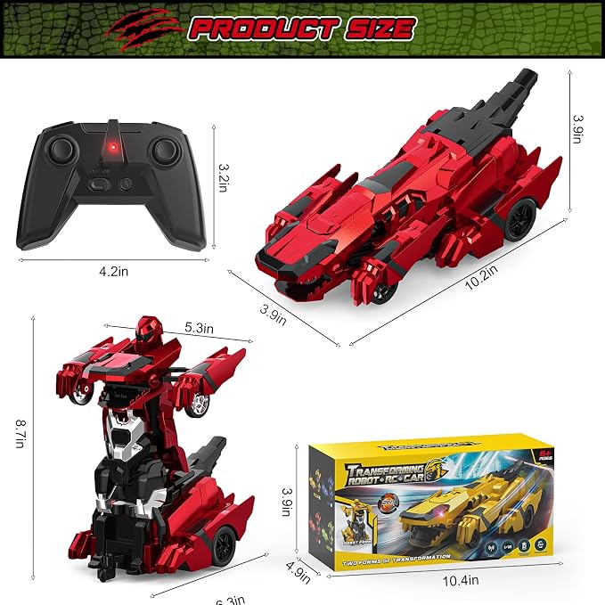 Kroyedfuw Dinosaur Transform Rc Cars, 2.4Ghz Remote Control Car Transforming Robot with Flashing Light, 360° Rotation One Button Deformation Car Toy Gifts for Boys Age 4-7 8-12