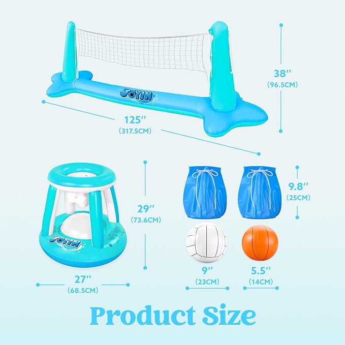 JOYIN XL Inflatable Pool Float Set, 125'' Volleyball Net & Basketball Hoops, Extra Large Floating Swimming Game Toy for Kids and Adults, Summer Floaties, Volleyball Court|Basketball, XL-Blue, Cyan