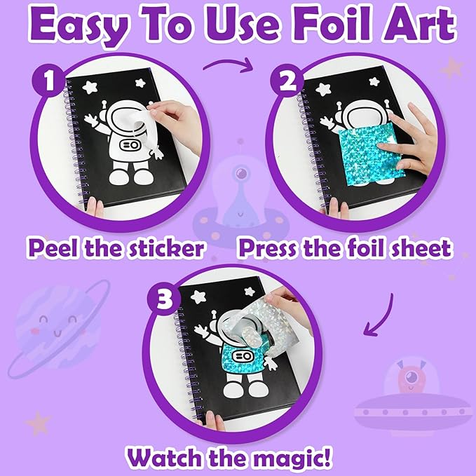 FUNNYB&G Foil Art Craft Kit for Boys 4-10 Years Old: Mess-Free & No-Glue, Create 16 Sparkly Space Pictures – Perfect Travel Toy & Birthday Gift for Kids (Space)