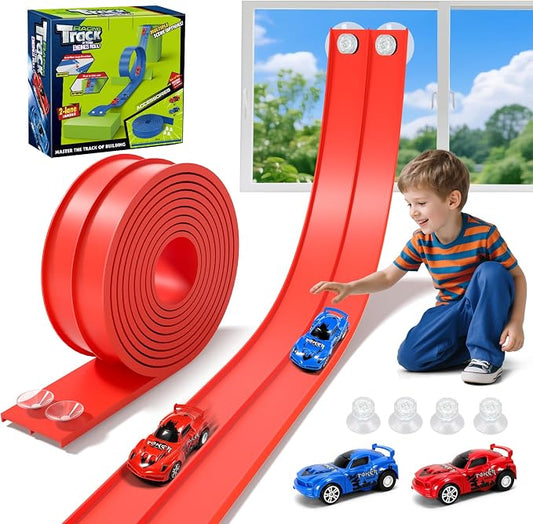KETIEE Flex Tracks 16 Ft for Kids, Flexible Race Car Ramp Track with 2 Small Racecars and 4 Suction Cups Compatible with Diecast 1/64th Cars,Rolls Up Portable Racetrack for Ages 3 & Up