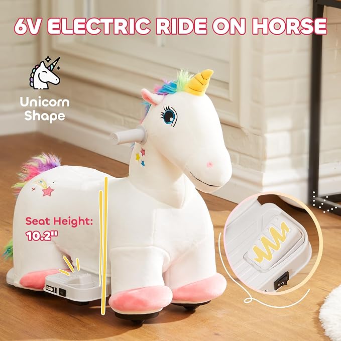 Qaba 6V Kids Ride on Horse, Battery Powered Ride on Toy, Unicorn Shaped Electric Riding Animal with Music, Soft Touch, PU Wheels, Foot Pedal, Forward, for Girls Boys Aged 18-36 Months, White