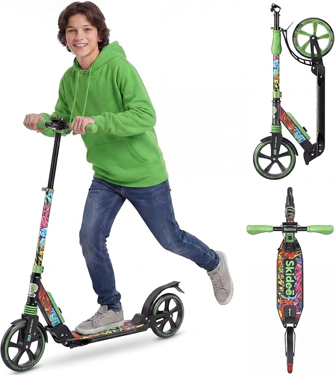 Skidee Adult & Teen Scooter Adjustable Height, Folding, Large Wheels, Lightweight, Durable, Anti-Shock Suspension, Up to 220 lbs