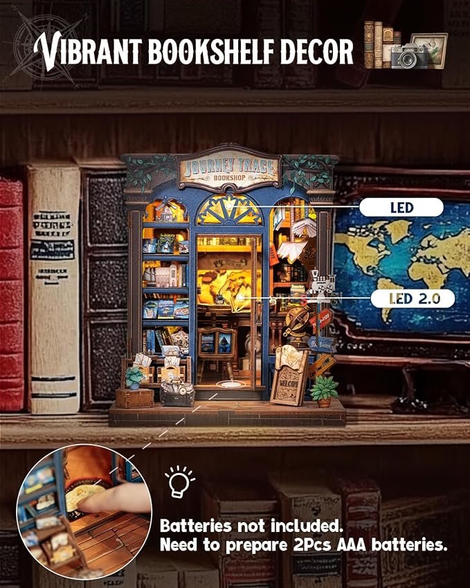 Cutefun Book Nook Kit - DIY Miniature Dollhouse Booknook Kit for Adults and Teens, 3D Wooden Puzzle Bookshelf Insert Decor with LED Light, Gifts for Book Lovers and Beginners (Journey Trace Bookshop)