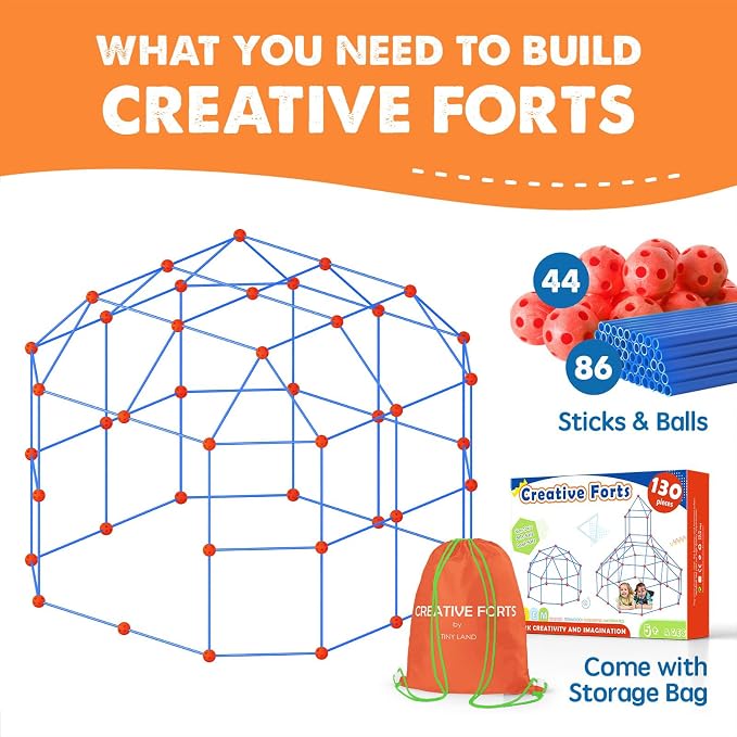 Tiny Land Fort Building Kit Creative Fort Indoor Outdoor for 5,6,7,8 Years Old Boys and Girls STEM Building Toys with Storage Bag DIY Castles Tunnels with 86 Rods and 44 Balls