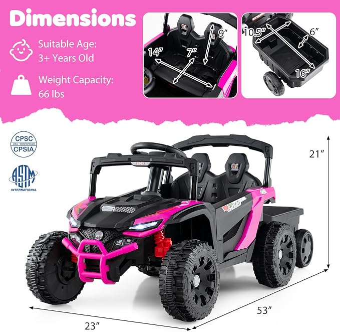 Costzon Kids Ride On UTV Car with Detachable Trailer, 12V Battery Powered Electric Vehicle with Remote Control, 3 Speeds, LED Lights, Music, Horn, Off-Road UTV for Boys & Girls (with Trailer,Pink)