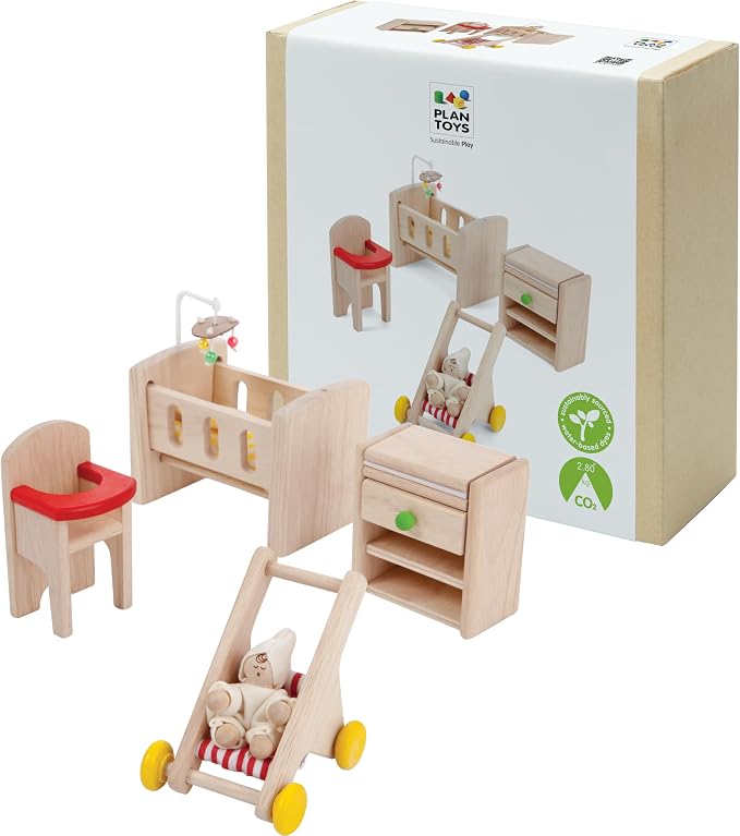 PlanToys® Wooden Nursery Dollhouse Furniture Set for Kids | Montessori Small World and Caregiving Pretend Play | Eco Friendly Wooden Dollhouse Baby Room Set for Imaginative Play