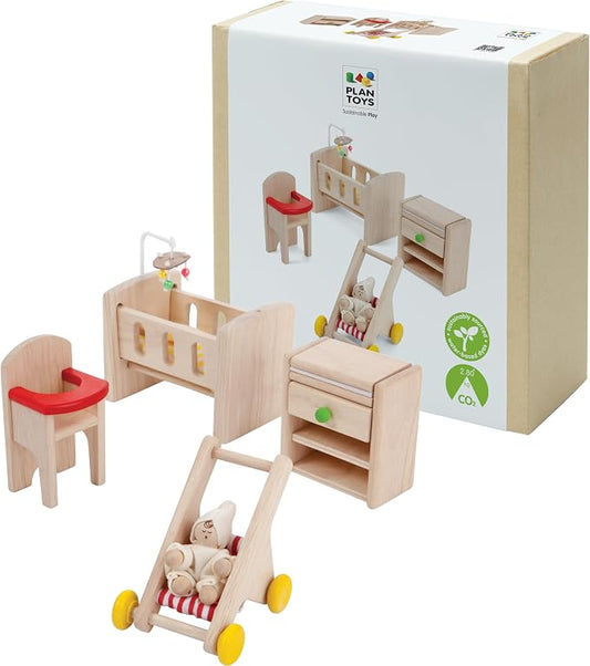 PlanToys® Wooden Nursery Dollhouse Furniture Set for Kids | Montessori Small World and Caregiving Pretend Play | Eco Friendly Wooden Dollhouse Baby Room Set for Imaginative Play