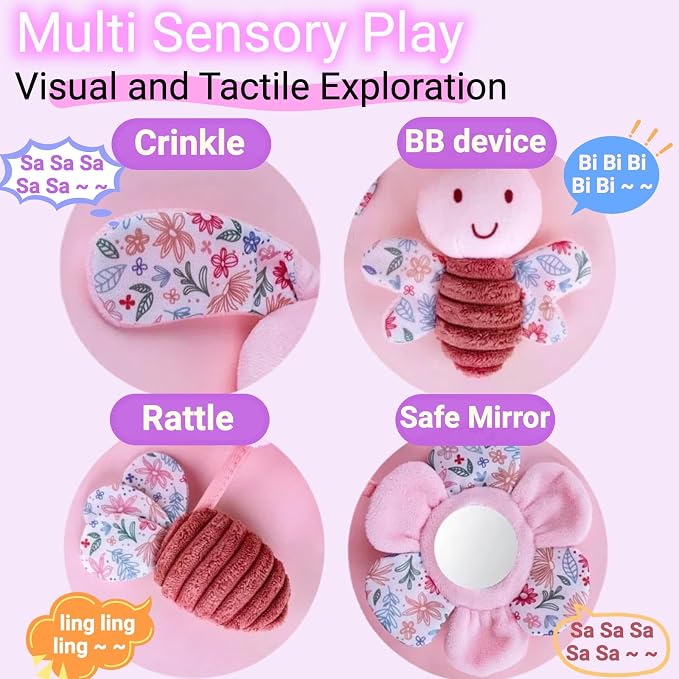 Spiral Car Seat Toy for Babies 0-6-12 Months Girl, Stroller Hanging Baby Toys 0-3-4-5-6-7-8-9-12 Month Old Newborn Infant Toddler Rabbit Gifts Travel Carseat Mirror Crinkle Bunny Accessories