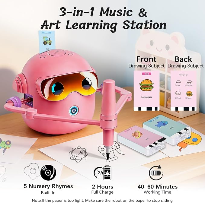 Drawing Robot for Kids with 100 Cards, 12 Colorful Pens & 4 Paintbrushes Montessori Painting Toys for 3-12 Years Old, Voice Read Early Learning Educational Gift for Boys & Girls