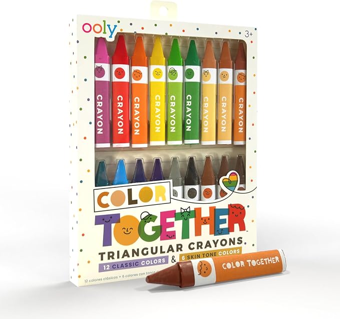 Ooly Color Together Triangular Crayons, 18 Count with 12 Classic and 6 Skin Tone Colors, Chunky Triangle Crayons for Kids, Non-Toxic Paper-Wrapped Coloring Set